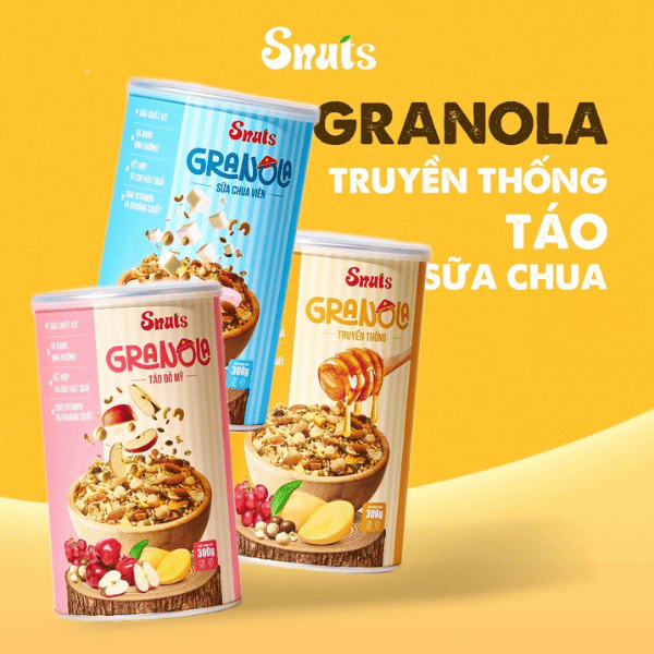 Combo 3 vị mật ong, táo đỏ, sữa chua - Granola siêu hạt SNUTS Mix 10 loại lạt